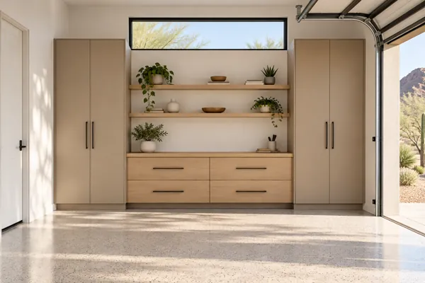 Sandstone Studio luxury garage cabinet concept in warm sandstone & light oak