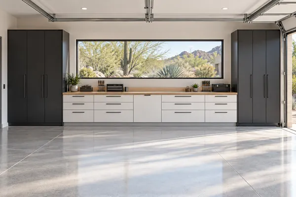 Daylight Workwall luxury garage cabinet concept in light oak, cloud white & charcoal