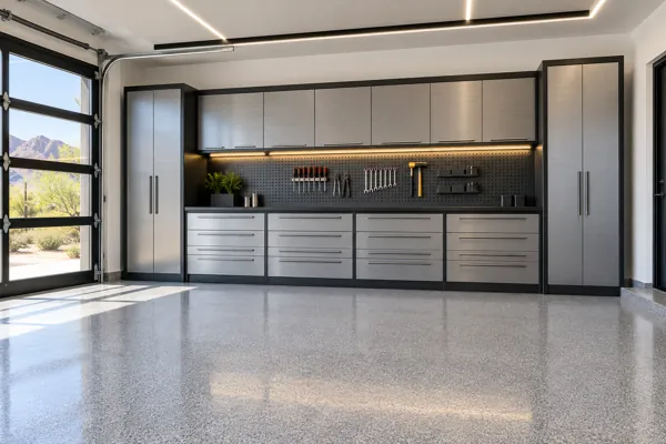 Silver Service Bay luxury garage cabinet concept in brushed silver & charcoal