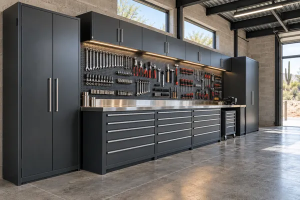 Ironworks Tool Wall architectural garage concept showing full tool wall with rolling drawer storage in graphite steel, raw gray & warm white.
