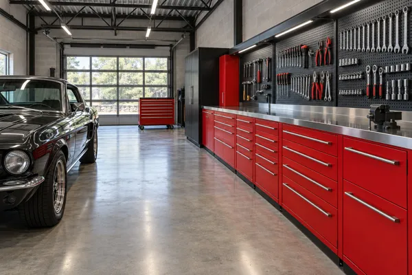 The Redline Service Bay architectural garage concept showing mechanic's drawer wall and mobile tool cabinet in racing red, black steel & gray.