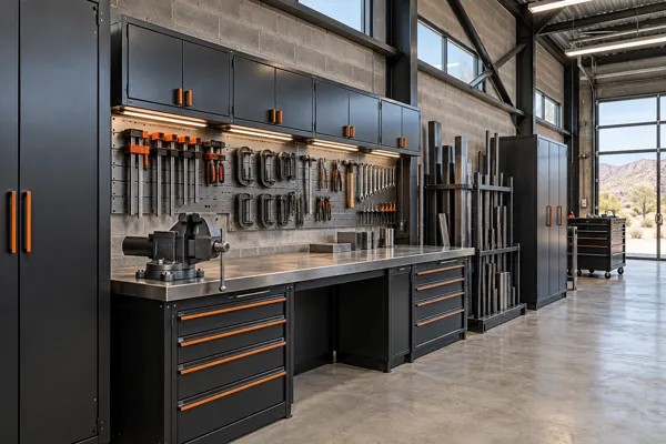Midnight Fabrication architectural garage concept showing metal workbench with clamp and tool storage in black steel, galvanized gray & safety orange.