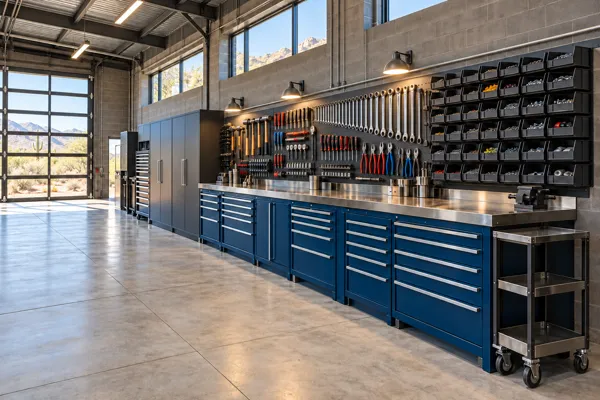 The Diesel Bench architectural garage concept showing deep parts bench and oversized bay storage in industrial blue, slate gray & brushed metal.