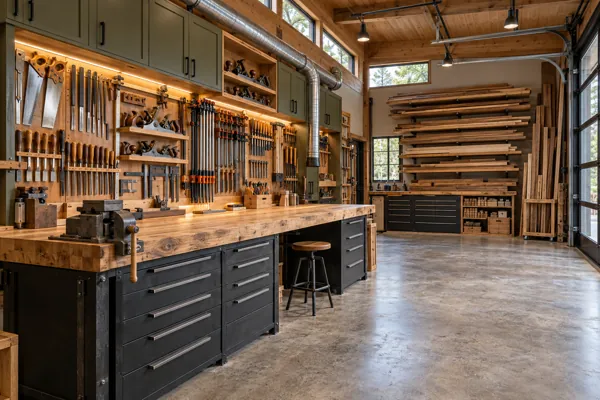 Timber & Steel Workshop architectural concept with heavy bench + tool wall in a rugged industrial garage