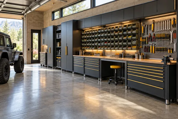 The Parts Library architectural concept with parts bins + shallow tool drawers in a rugged industrial garage