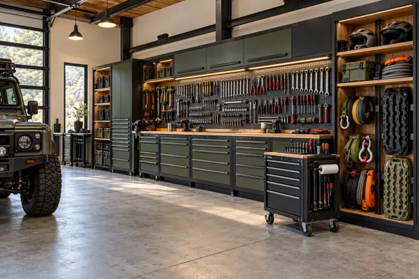 The Off-Road Pit architectural concept with tool wall + recovery gear bays in a rugged industrial garage