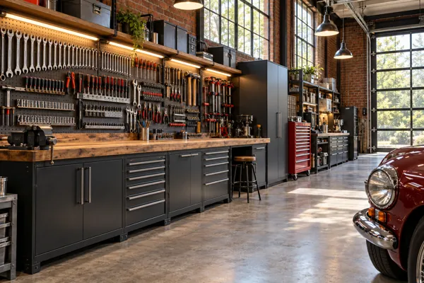 The Restoration Room architectural concept with tool wall + mobile chest in a rugged industrial garage