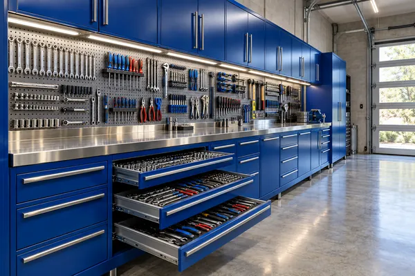 Industrial garage concept with blue steel cabinets, organized mechanics tools and stainless workbench