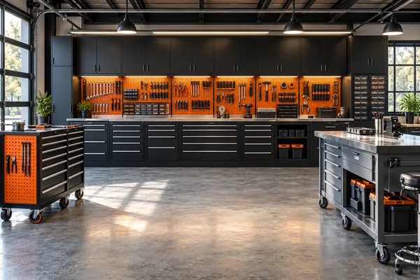 Rugged garage concept with black steel cabinetry, orange accents and two substantial rolling tool carts