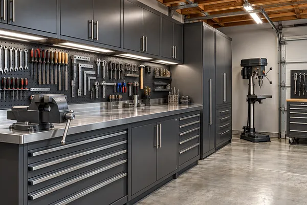 Gunmetal garage workshop concept with organized tool panel, bench vise and an idle drill press