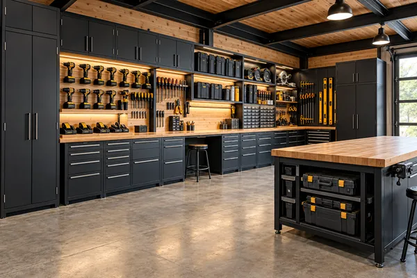 Contractor garage concept with wood and black steel cabinetry, cordless-tool docks and organized storage bays
